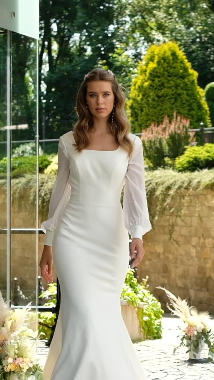 Crepe Mermaid Wedding Dress with Modest Square Neckline and Long Chiffon Bishoop Sleeves Style M5043 Crepe Mermaid Wedding Dress with Modest Square Neckline and Long Chiffon Bishoop Sleeves Style M5043