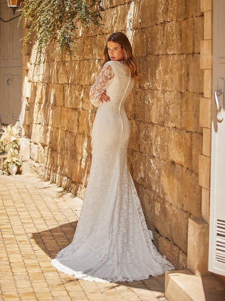 Modest Bateau Back Lace Wedding Dress With Buttons Along Zipper Style M5044 Modest Bateau Back Lace Wedding Dress With Buttons Along Zipper Style M5044