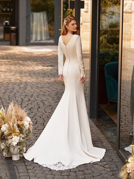 Modest V-Back Crepe Wedding Dress With Buttons Along Zipper and Cutout Lace Sweep Train Style M5045 Modest V-Back Crepe Wedding Dress With Buttons Along Zipper and Cutout Lace Sweep Train Style M5045