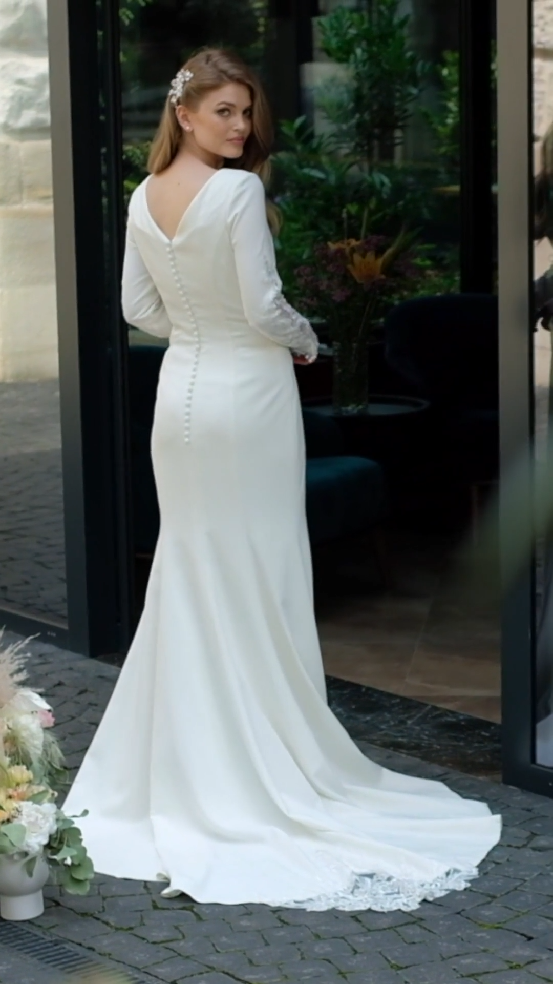 Modest Crepe Mermaid Wedding Dress With V-neckline and Long Illusion Lace Cut-out Sleeves Style M5045