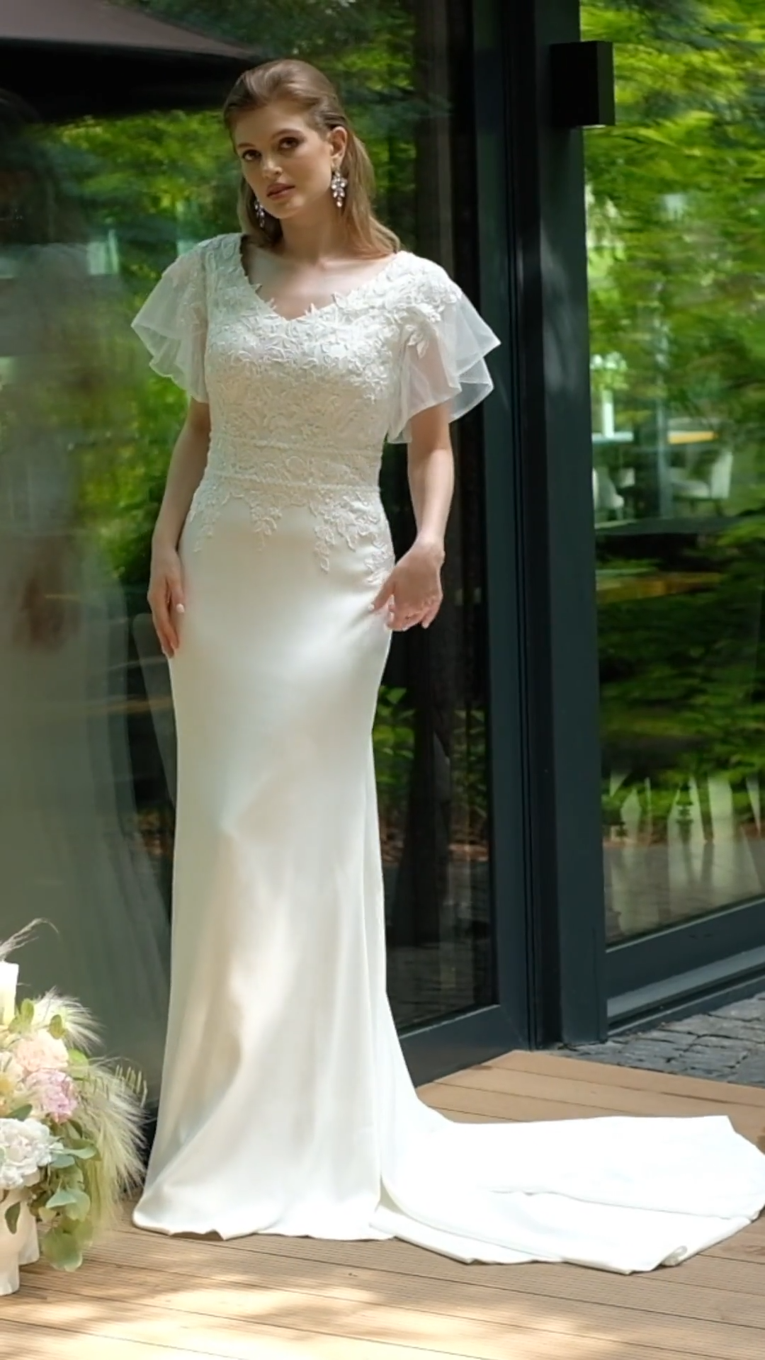 Mermaid Crepe Wedding Dress With Modest V-Neckline and Short Illusion Flutter Sleeves Style M5046