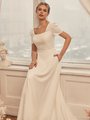 Modest Square Neck Crepe Wedding Dress With Short Puff Sleeves and Pockets Style M5051