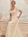 Modest Square Neck Crepe Wedding Dress With Short Puff Sleeves and Pockets Style M5051 Modest Square Neck Crepe Wedding Dress With Short Puff Sleeves and Pockets Style M5051