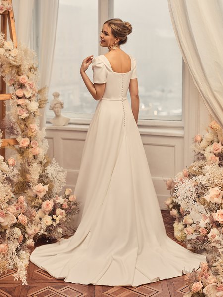 Modest Square Back Crepe Wedding Dress With Buttons and Loops Along Zipper Style M5051 Modest Square Back Crepe Wedding Dress With Buttons and Loops Along Zipper Style M5051