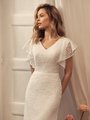 Modest V-Neckline Boho Lace Wedding Gown With Short Flutter Sleeves Style M5052 Modest V-Neckline Boho Lace Wedding Gown With Short Flutter Sleeves Style M5052
