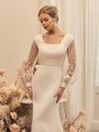 Modest Square Neckline Crepe Wedding Dress With Illusion Lace Bishop Sleeves Style M5053