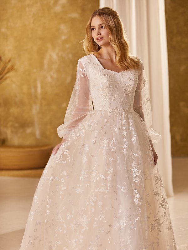 Modest Floral Lace A-Line Bridal Gown with Long Bishop Sleeves