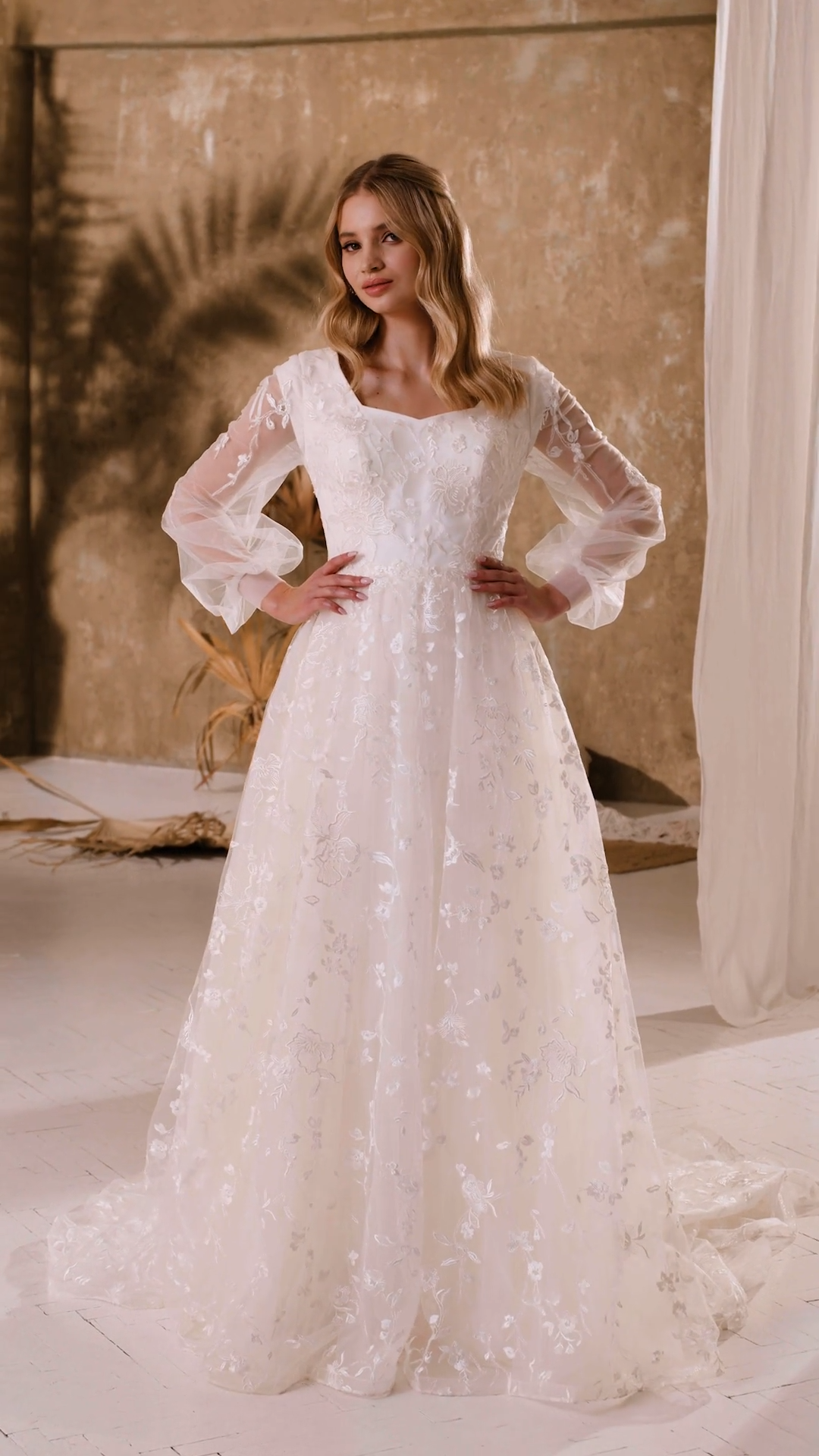 Floral Lace Modest Sweetheart Neck Wedding Dress With Bishop Sleeves Style M5054