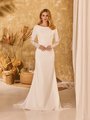 Modest Bateau Neck Crepe Mermaid Wedding Dress With Long Illusion Cutout Lace Sleeve Style M5055 Modest Bateau Neck Crepe Mermaid Wedding Dress With Long Illusion Cutout Lace Sleeve Style M5055