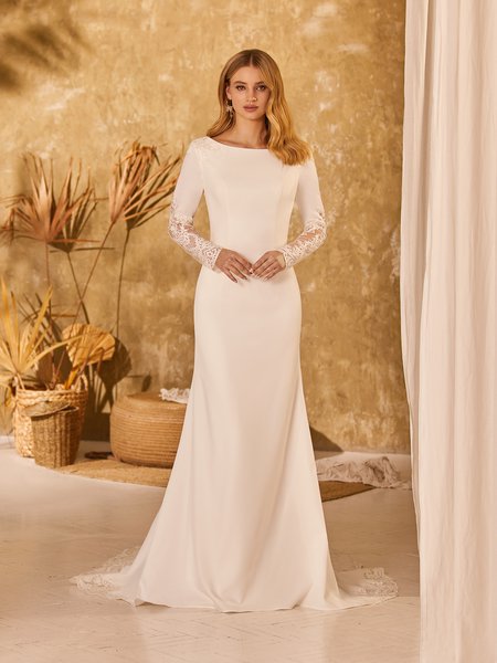 Modest Bateau Neck Crepe Mermaid Wedding Dress With Long Illusion Cutout Lace Sleeve Style M5055 Modest Bateau Neck Crepe Mermaid Wedding Dress With Long Illusion Cutout Lace Sleeve Style M5055