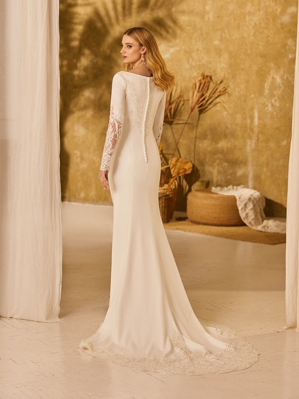 Bateau Back Modest Wedding Dress With Button Along Zipper And Cutout Lace Sweep Train Style M5055