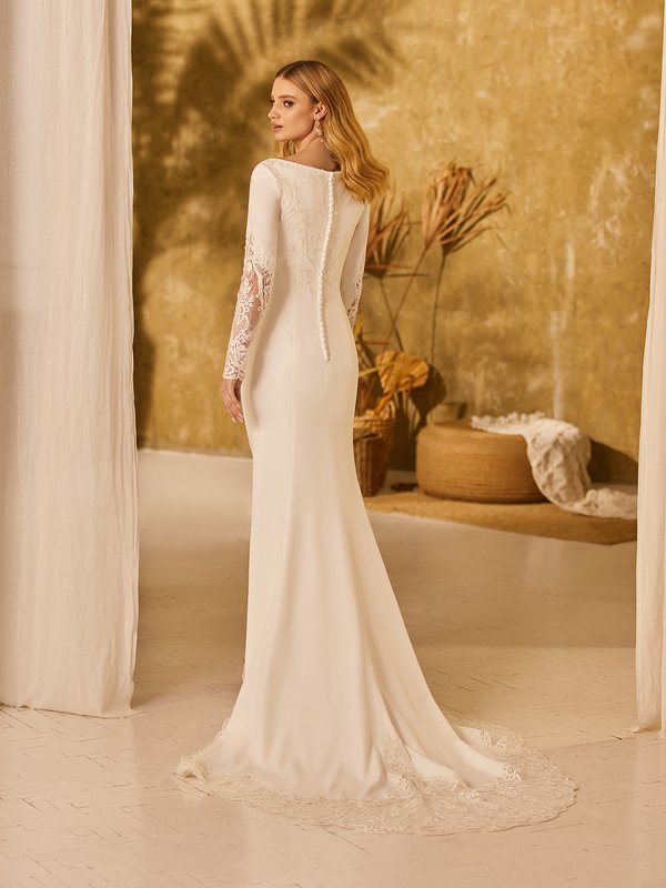 Bateau Back Modest Wedding Dress With Button Along Zipper And Cutout Lace Sweep Train Style M5055 Bateau Back Modest Wedding Dress With Button Along Zipper And Cutout Lace Sweep Train Style M5055