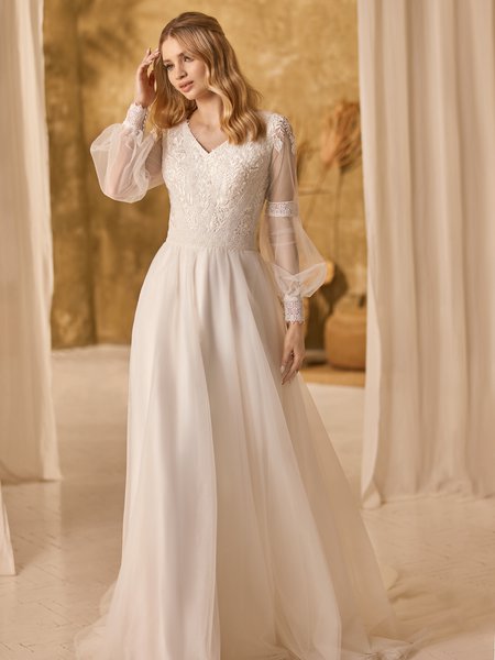 Modest V-Neck Wedding Dress With Lace Trim Bands At Long Poet Sleeves and Waist Style M5057