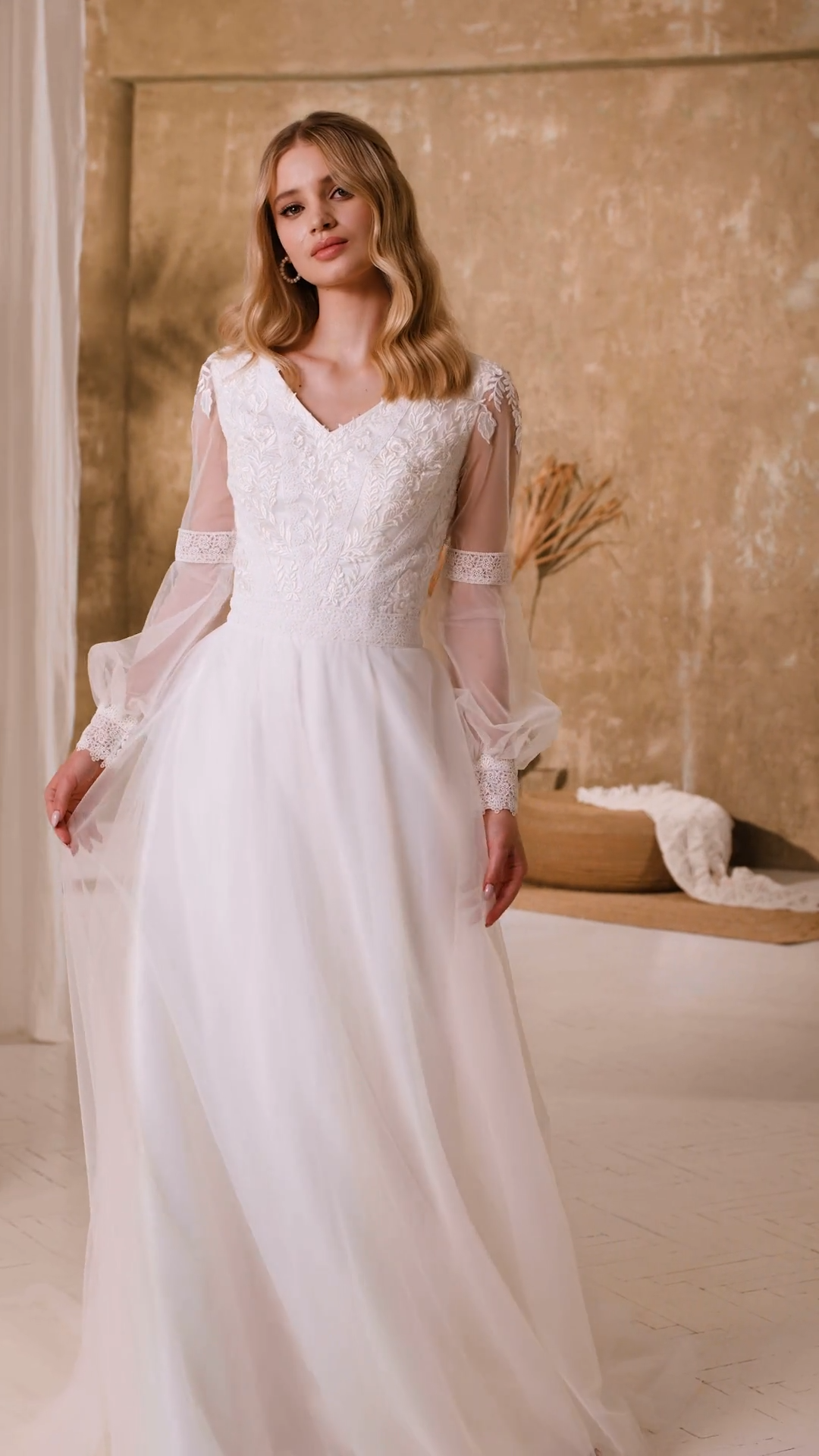  A-line Modest Wedding Dress With Lace Bodice and Long Lace Cuffed Poet Sleeves Style M5057