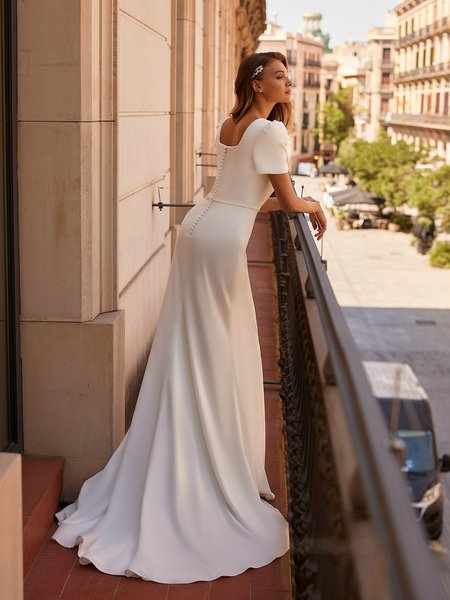 Square Back Crepe Wedding Dress With Buttons and Loops Along Zipper Style M5061 Square Back Crepe Wedding Dress With Buttons and Loops Along Zipper Style M5061