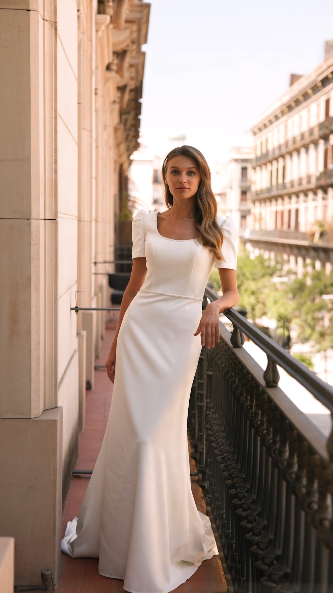 Short Puff Sleeve Modest Crepe Wedding Dress With Beaded Trims Style M5061 Short Puff Sleeve Modest Crepe Wedding Dress With Beaded Trims Style M5061