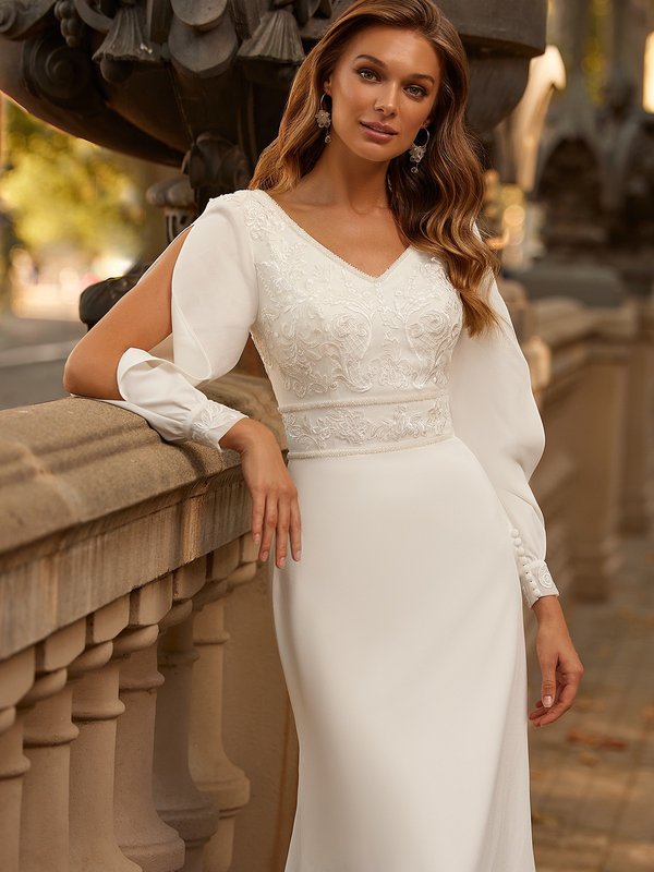 Modest Long Split Sleeve Crepe Mermaid Bridal Gown Moonlight M5062