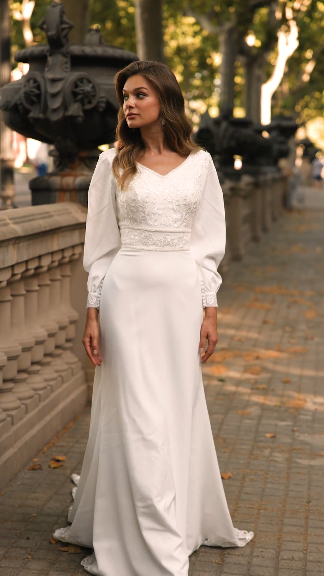 Modest Long Split Sleeve Crepe Wedding Dress With Lace Style M5062 Modest Long Split Sleeve Crepe Wedding Dress With Lace Style M5062