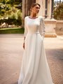 Modest Scoop Neckline Wedding Dress with Illusion Lace Cutout Sleeves and Thin Waist Sash Style M5063 Modest Scoop Neckline Wedding Dress with Illusion Lace Cutout Sleeves and Thin Waist Sash Style M5063