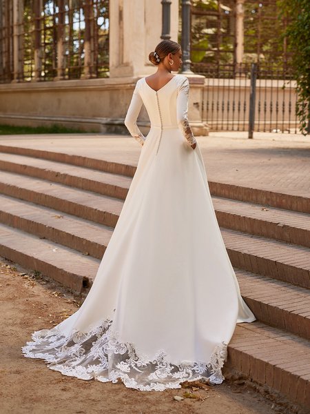 Modest Crepe Wedding Dress With Buttons Along Zipper and Cutout Lace Chapel Train Style M5063 Modest Crepe Wedding Dress With Buttons Along Zipper and Cutout Lace Chapel Train Style M5063