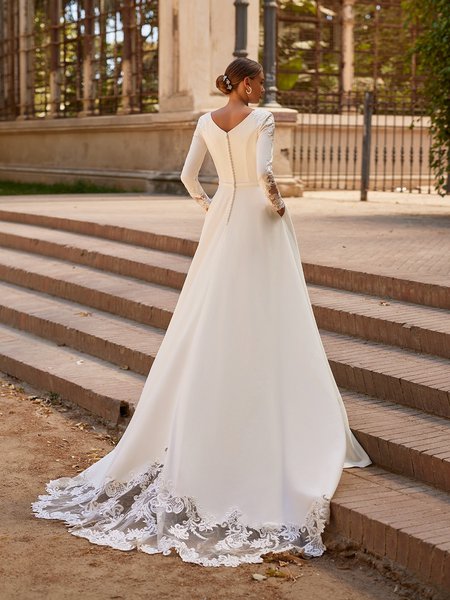 Modest Crepe Wedding Dress With Buttons Along Zipper and Cutout Lace Chapel Train Style M5063