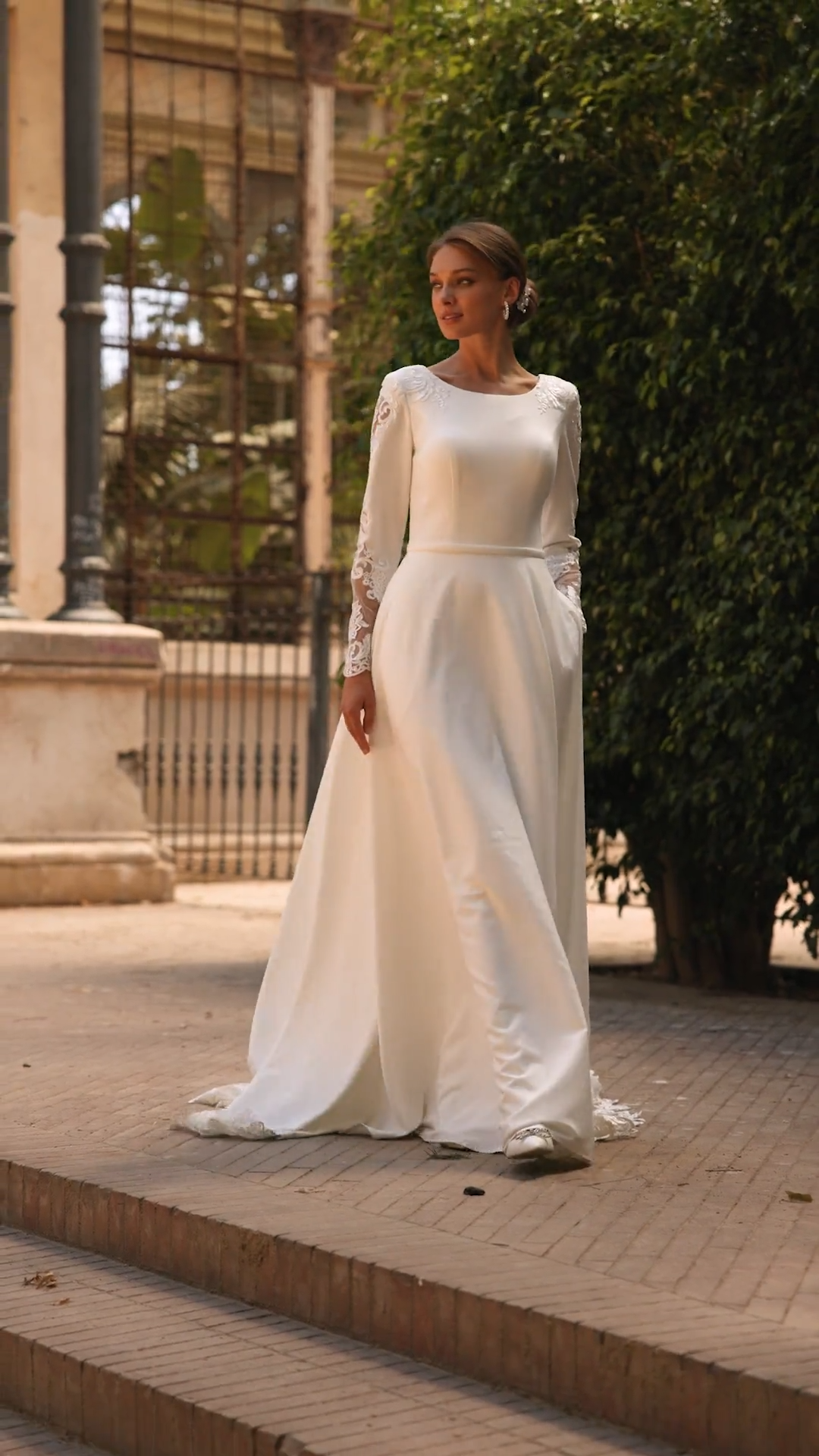 Modest Crepe A-line Wedding Dress With Illusion Lace Cutout Long Sleeves Style M5063