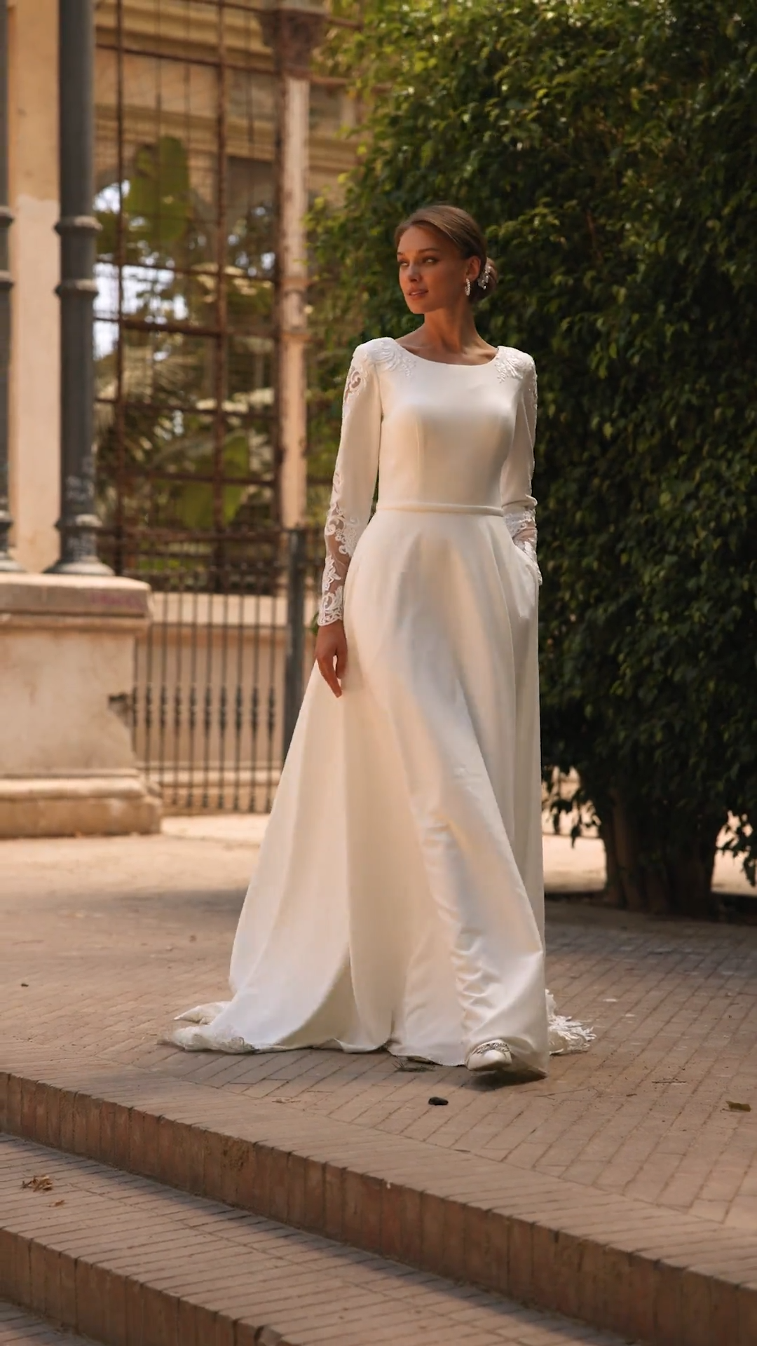 Modest Crepe A-line Wedding Dress With Illusion Lace Cutout Long Sleeves Style M5063 Modest Crepe A-line Wedding Dress With Illusion Lace Cutout Long Sleeves Style M5063