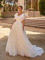 Floral Lace A-Line Modest V-Neck Wedding Dress With Short Flutter Sleeves Style M5064