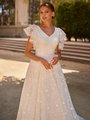 Modest Short Flutter Sleeve V-Neckline Lace Wedding Dress With Beaded Band At Waist Style M5064
