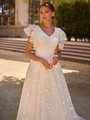Modest Short Flutter Sleeve V-Neckline Lace Wedding Dress With Beaded Band At Waist Style M5064 Modest Short Flutter Sleeve V-Neckline Lace Wedding Dress With Beaded Band At Waist Style M5064