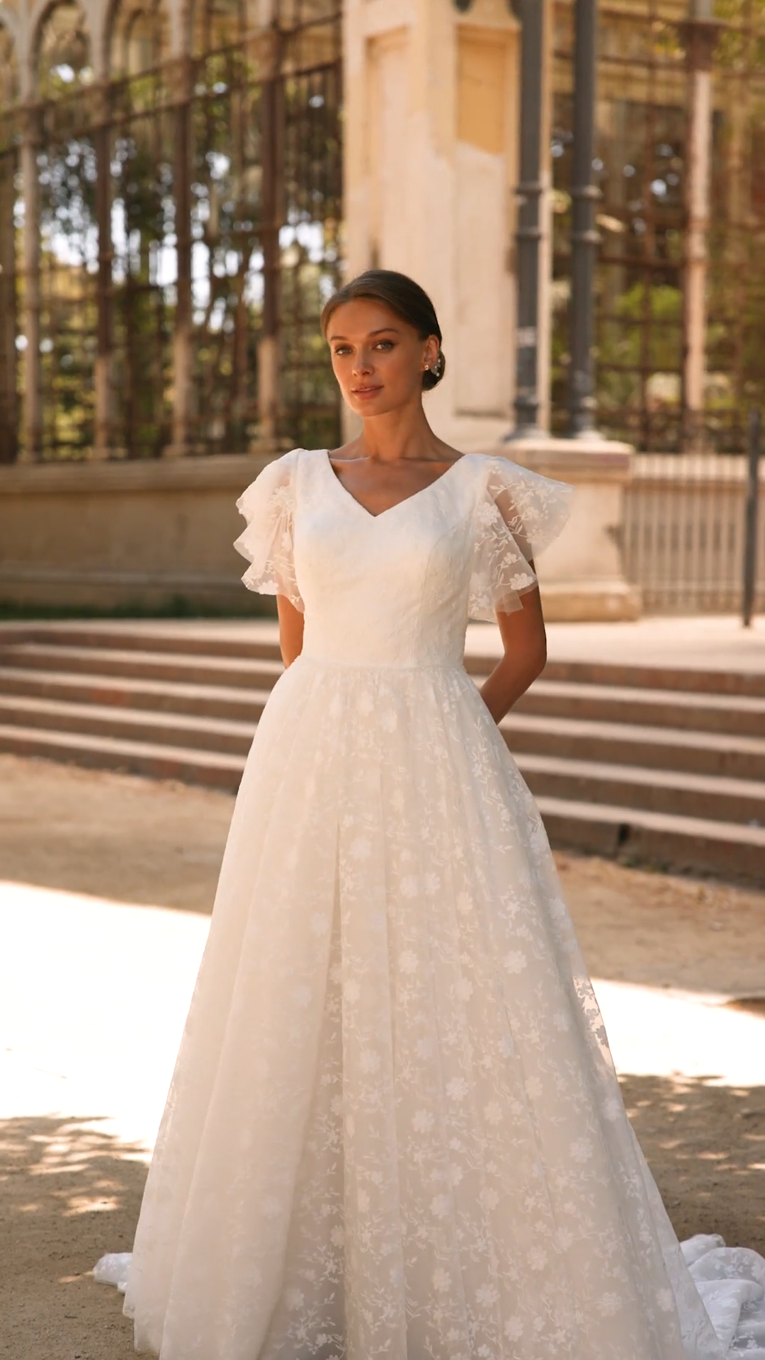 All Lace Modest A-line Wedding Dress with Short Flutter Sleeves Style M5064