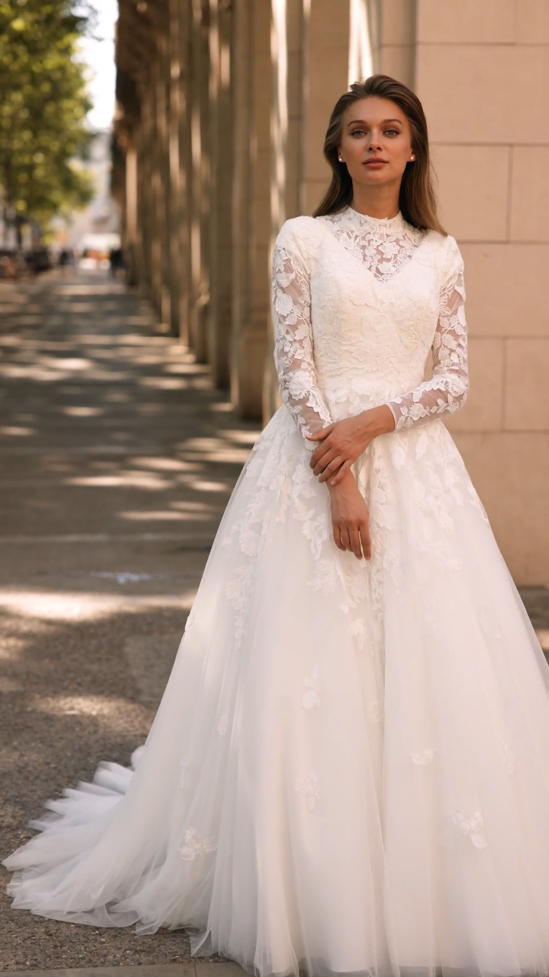 Modest Illusion Mock Neck Tulle and Lace Ball Gown Wedding Dress With Long Sleeves Style M5065