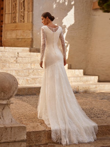 Bateau Back Modest Wedding Dress With Crystal Buttons And Loops Along Zipper Style M5066 Bateau Back Modest Wedding Dress With Crystal Buttons And Loops Along Zipper Style M5066