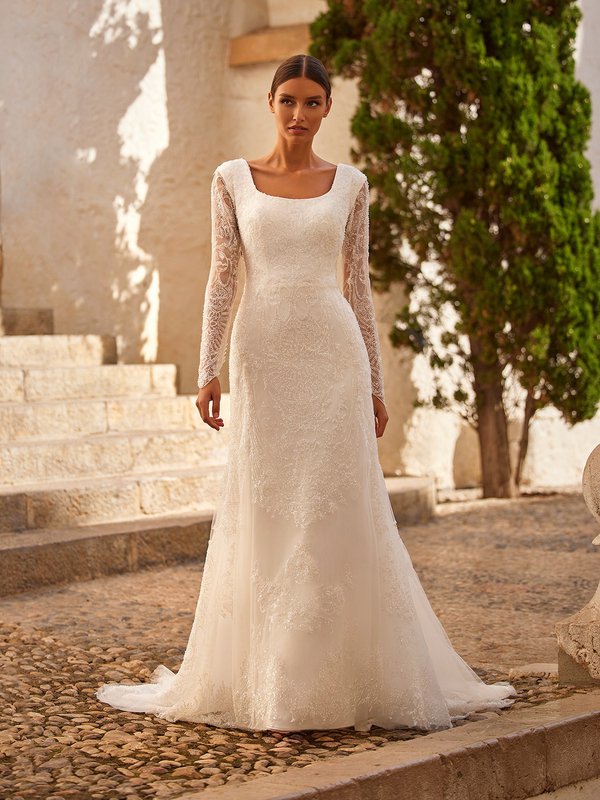 Modest Scoop Neck Long Sleeve Mermaid Wedding Dress With Beading Style M5066