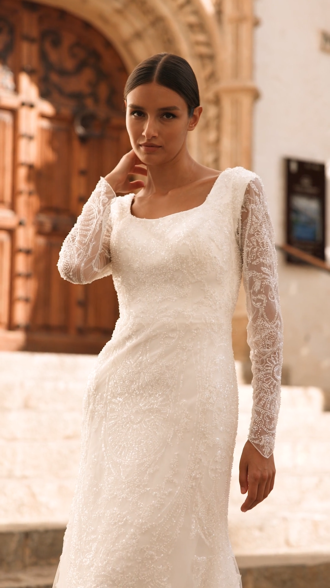 Sparkly Beaded Modest Scoop Neck Wedding Gown With Long Sleeves Style M5066