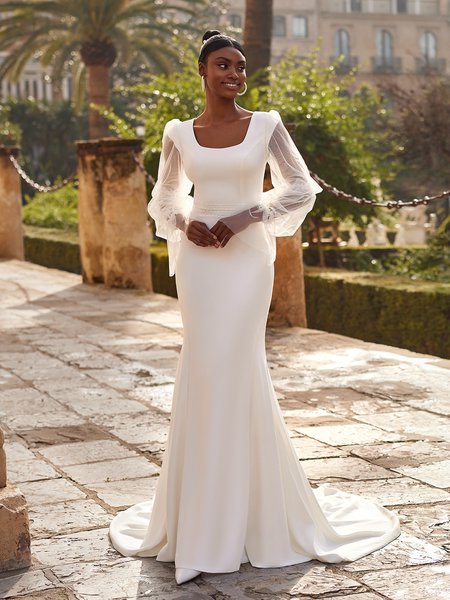 Modest Crepe Mermaid Wedding Dress with Square Neck, Lace Trim Waistline, and Long Illusion Puff Sleeves Style M5071 Modest Crepe Mermaid Wedding Dress with Square Neck, Lace Trim Waistline, and Long Illusion Puff Sleeves Style M5071
