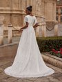 Modest V-Back Neckline Lace Wedding Dress with Buttons Along Zipper and Sweep Train M5072