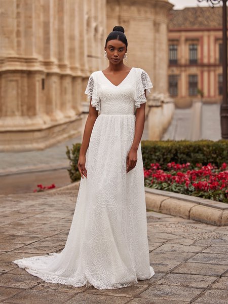 Modest Rustic Lace A-line Wedding Dress with Illusion Butterfly Sleeves M5072 Modest Rustic Lace A-line Wedding Dress with Illusion Butterfly Sleeves M5072
