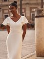 Modest Crepe V-Neckline Wedding Dress with Lace at Waistline and Butterfly Sleeves M5073 Modest Crepe V-Neckline Wedding Dress with Lace at Waistline and Butterfly Sleeves M5073