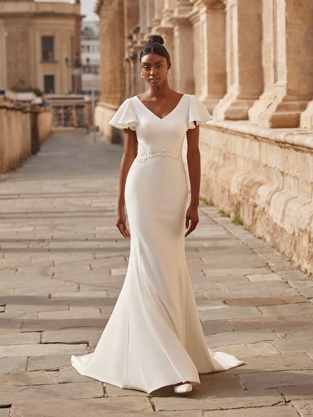 Crepe Mermaid Wedding Dress with Modest V-Neck and Butterfly Sleeves M5073 Crepe Mermaid Wedding Dress with Modest V-Neck and Butterfly Sleeves M5073