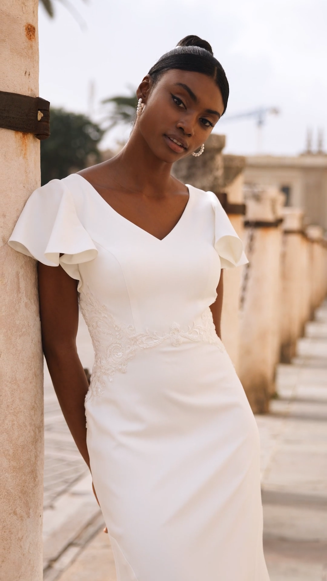 Modest V-Neck Crepe Mermaid Wedding Dress with Lace at Waistline and Butterfly Sleeves Style M5073 Modest V-Neck Crepe Mermaid Wedding Dress with Lace at Waistline and Butterfly Sleeves Style M5073
