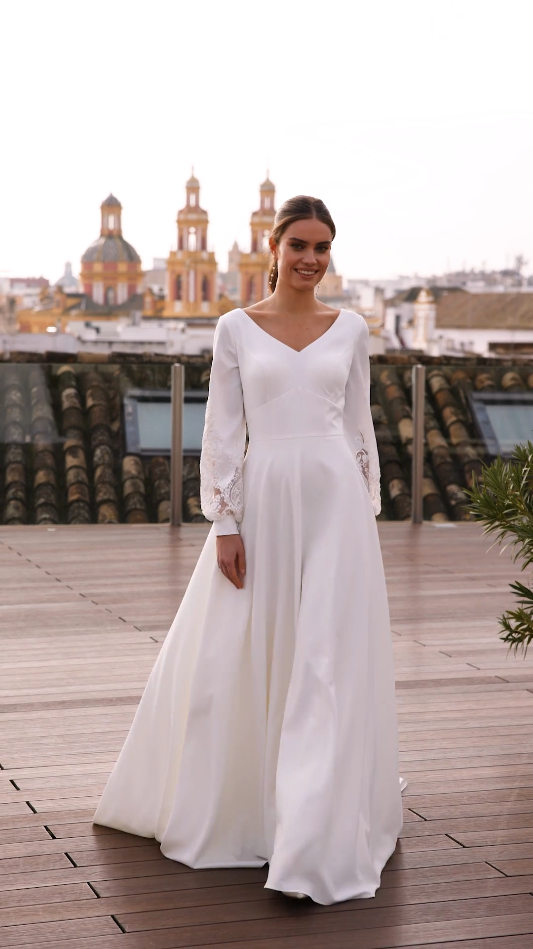 Elegant Crepe A-line Bridal Gown with Long Bishop Sleeves