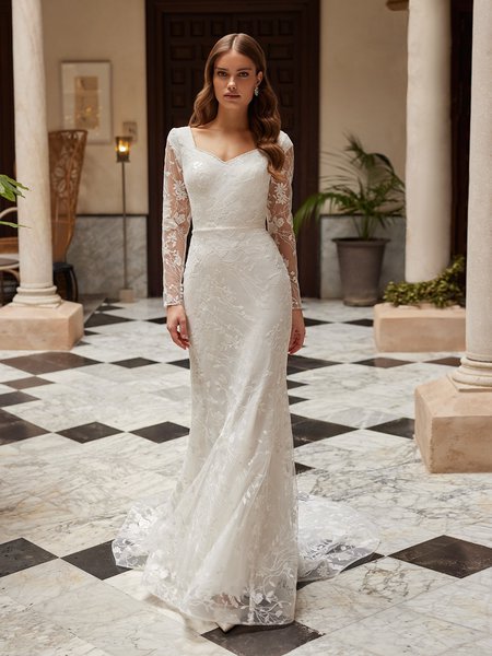 Lace Mermaid Wedding Dress with Modest Sweetheart Neckline and Long Sleeves Style M5076 Lace Mermaid Wedding Dress with Modest Sweetheart Neckline and Long Sleeves Style M5076