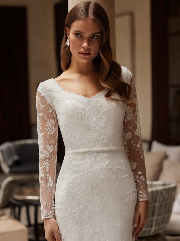 Modest Floral Lace Wedding Dress with Sweetheart Neckline, Long Sleeves, and Beaded Lace Trims Style M5076