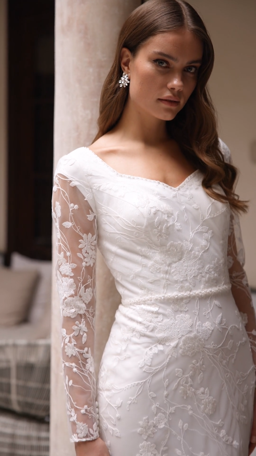 Modest Floral Lace Mermaid Wedding Dress With Sweetheart Neckline and Illusion Long Sleeves Style M5076