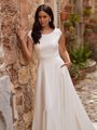 Elegant short sleeve crepe A-line wedding dress with bateau neckline and cummberbund waistline