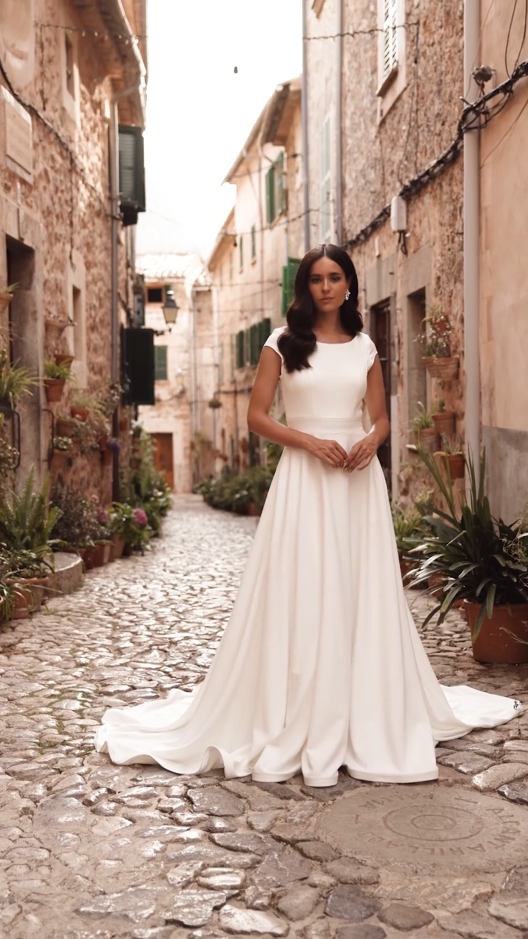 Modest Bateau Neckline A-line Wedding Dress With Short Sleeves and Pockets