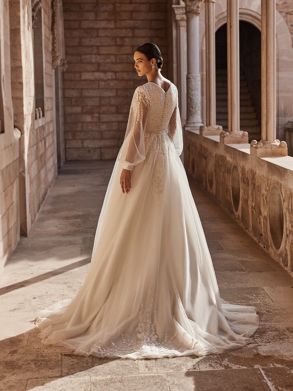 Romantic Modest Tulle A-line Wedding Gown with Long Illusion