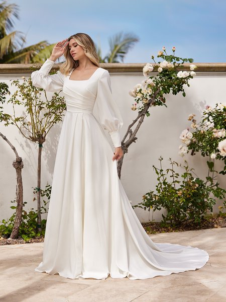Modest M5091 Crepe Back Satin A-Line Wedding Dress with Long Sleeves Modest M5091 Crepe Back Satin A-Line Wedding Dress with Long Sleeves