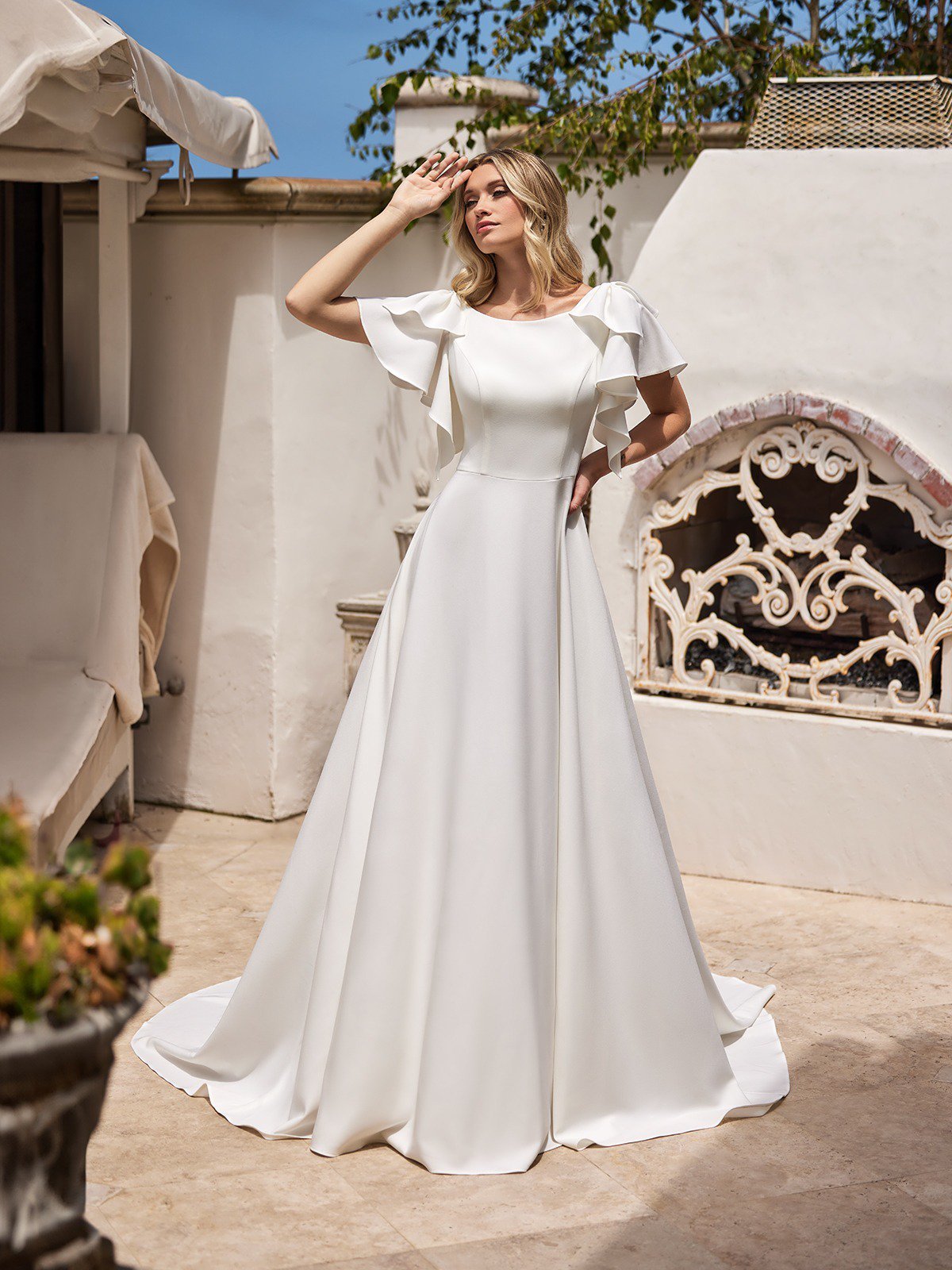 Classic Modest Crepe A-line Wedding Dress with Flutter